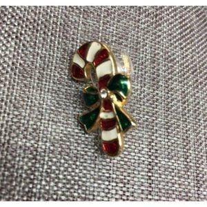 Christmas Tack Pin Brooch Candy Cane Gold Red Green White Rhinestone